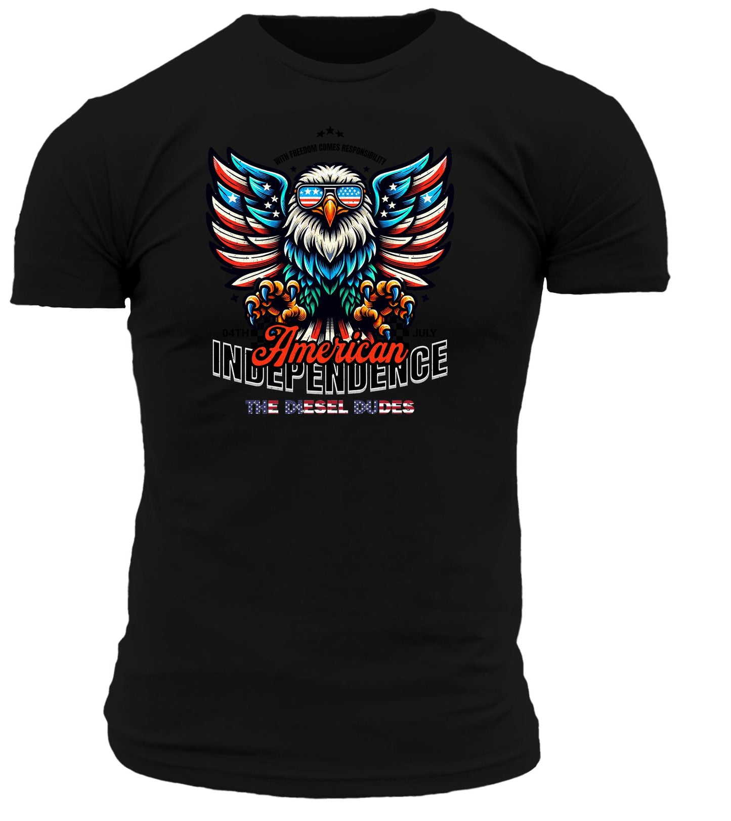 Black t-shirt featuring American Independence design, displayed flat lay on white background, front view.