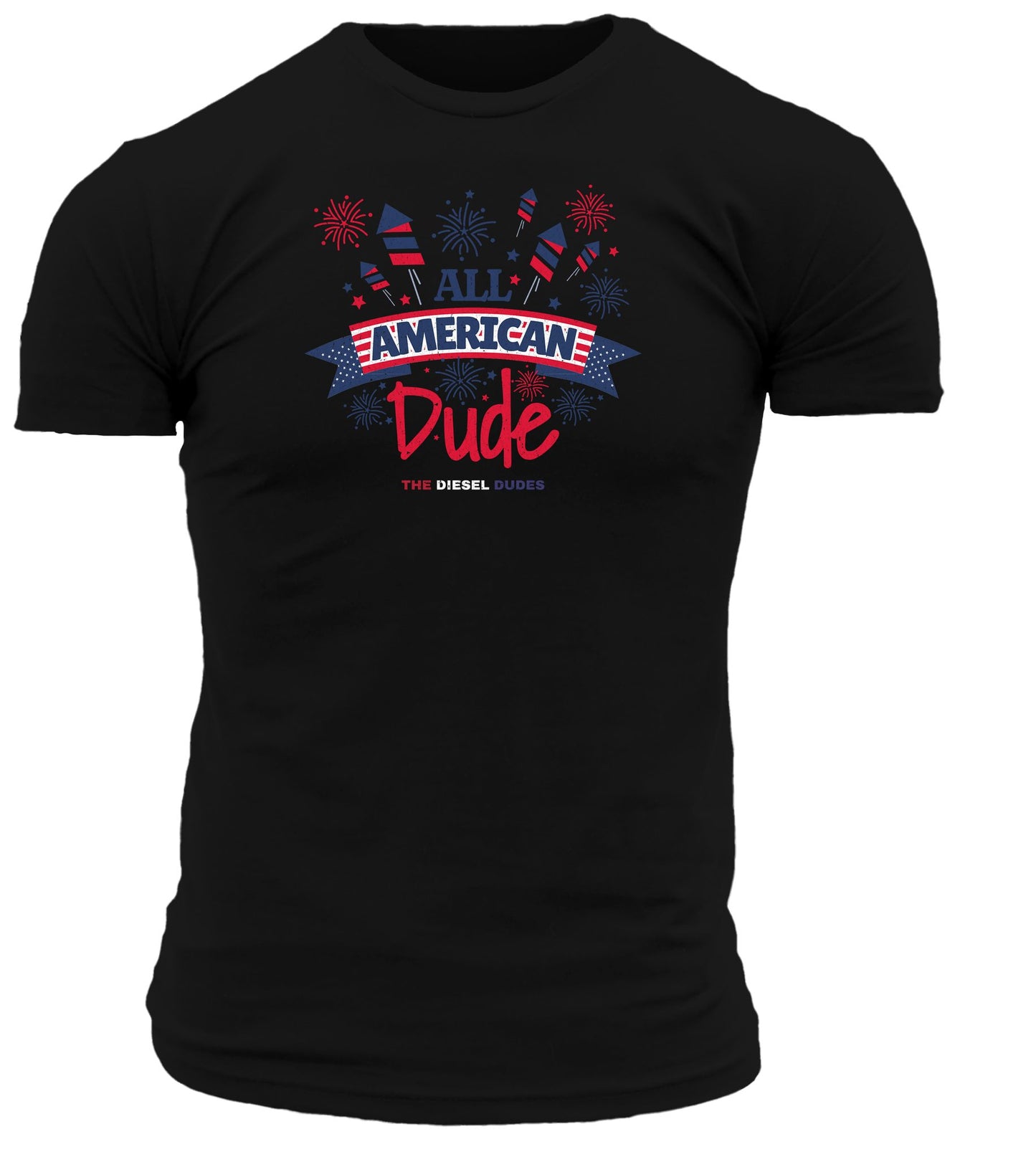 Black t-shirt featuring patriotic "All American Dude" graphic design, perfect for Fourth of July celebrations.