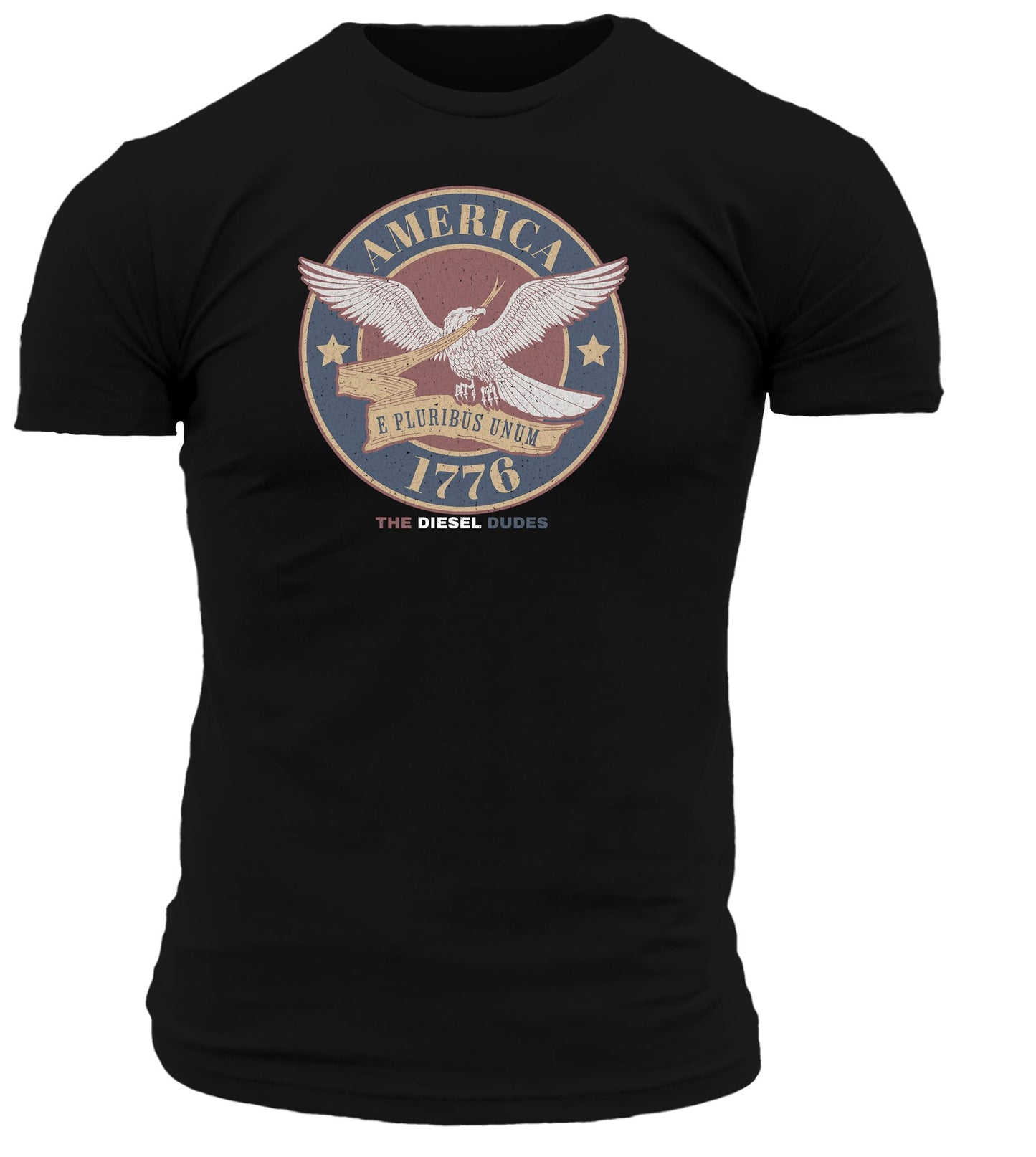 Black America 1776 t-shirt featuring patriotic design, displayed as main product view for SunFrog Solutions.
