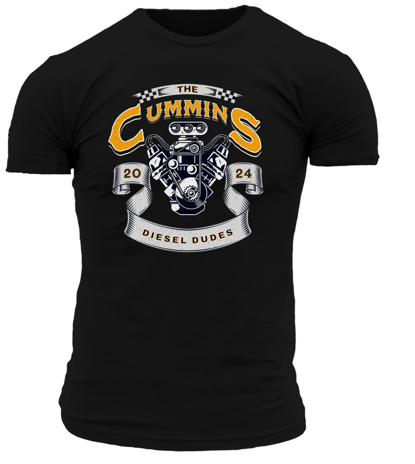 Black Cummins Engine t-shirt featuring bold engine logo graphic on front, displayed flat on white background.