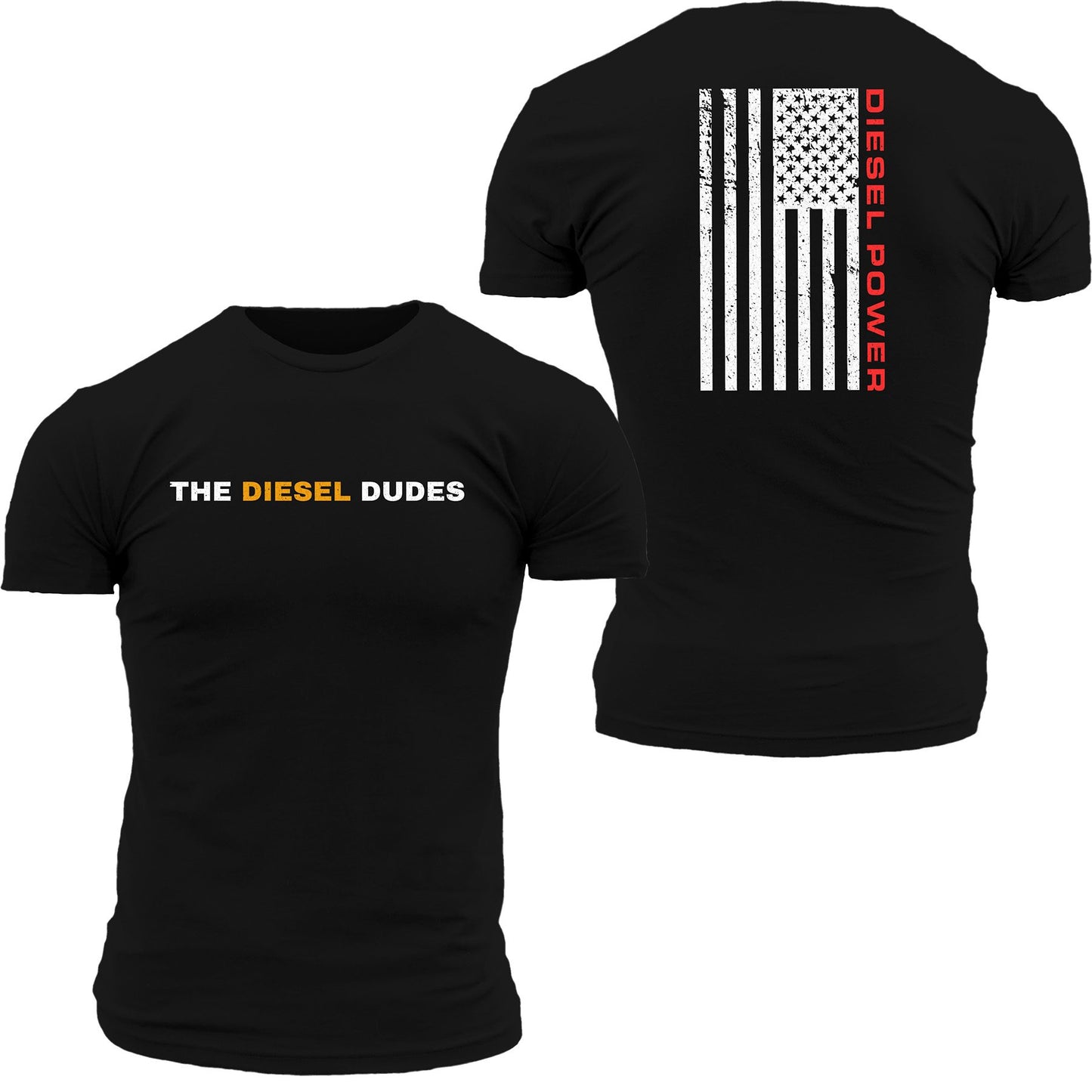 Two Diesel Power graphic t-shirts displayed side-by-side, showcasing front and back designs by SunFrog Solutions.