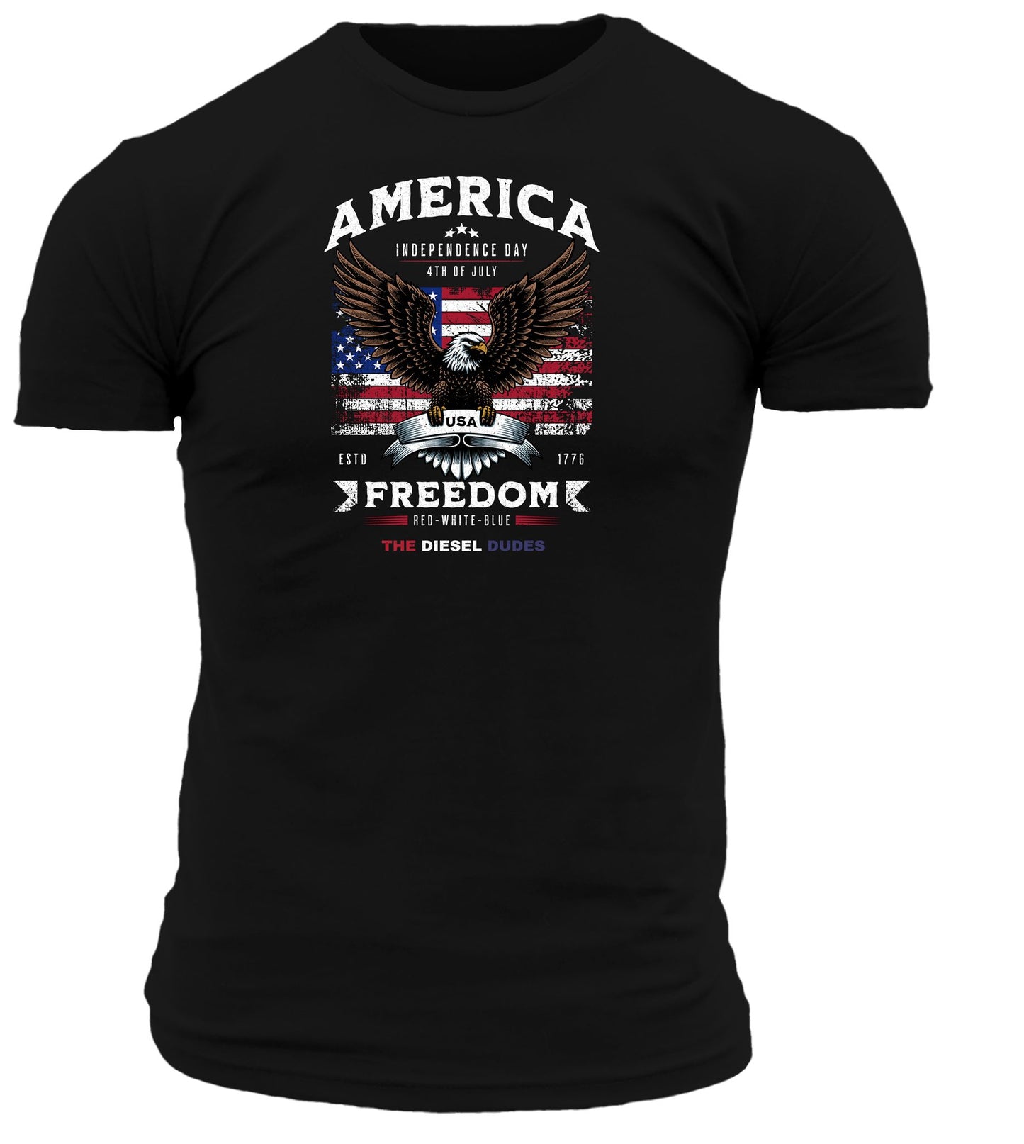 Red, white, and blue Freedom graphic printed on black t-shirt front, patriotic design.