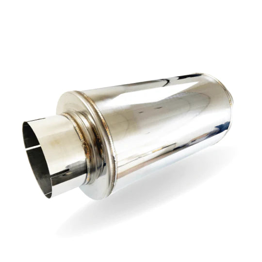 Universal 5" polished T304 stainless steel Optimal Flow muffler for diesel trucks including Duramax and Powerstroke engines.