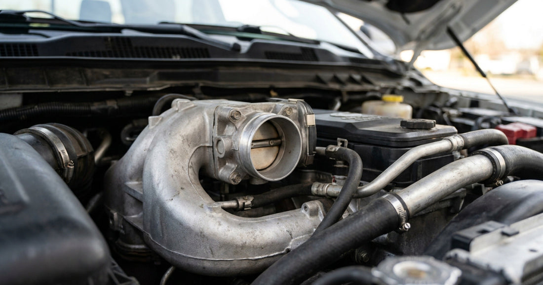 Close on the intake throttle and intake plumbing of a 6.7-litre Cummins INLINE-SIX turbo diesel in a Ram heavy-duty pickup engine bay