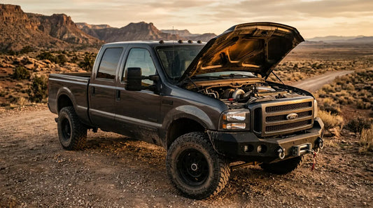 2005 Ford F-350 Super Duty with 6.0 Powerstroke diesel engine photographed in desert terrain at golden hour