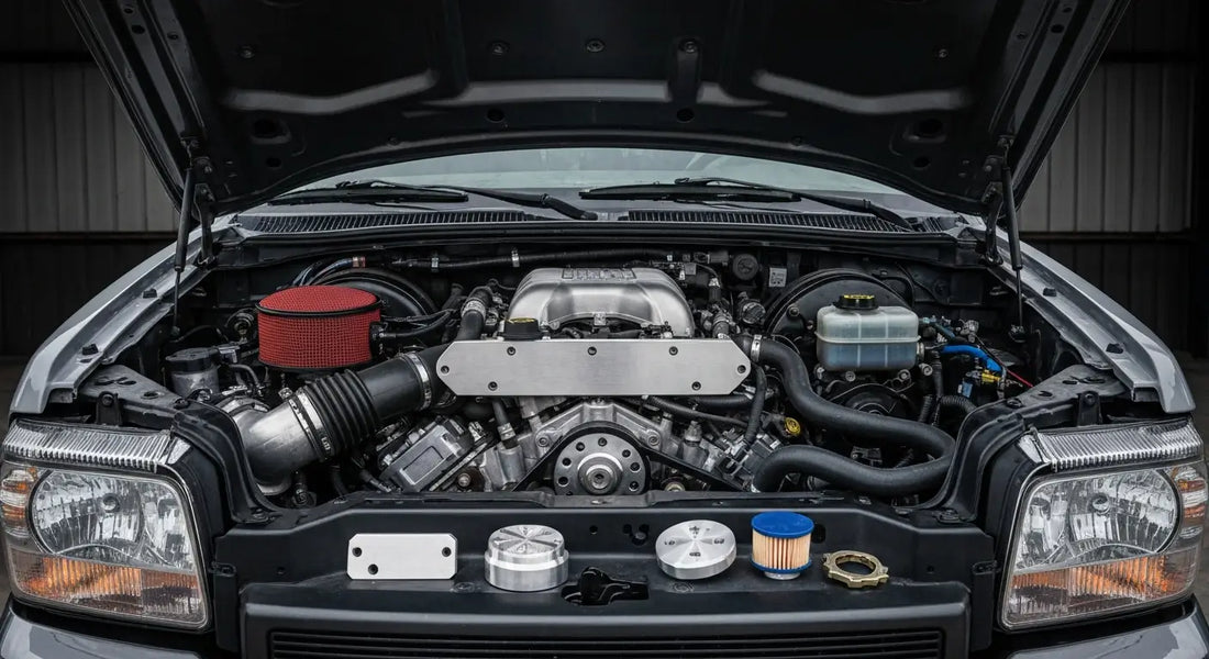 2003-2007 Ford 6.0L Powerstroke engine bay with EGR delete block-off plates installed for off-road build
