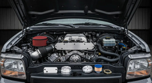 2003-2007 Ford 6.0L Powerstroke engine bay with EGR delete block-off plates installed for off-road build