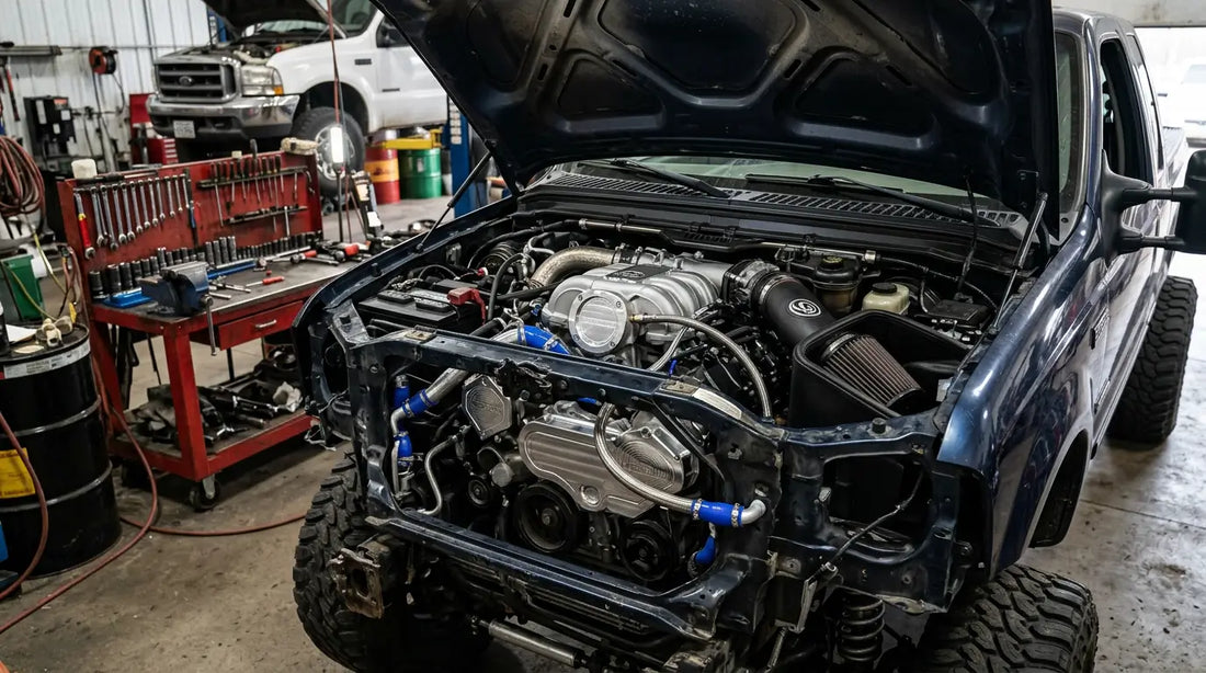 6.0 Powerstroke EGR delete kit installed on a 2003-2007 Ford Super Duty with block-off plates visible on the intake manifold