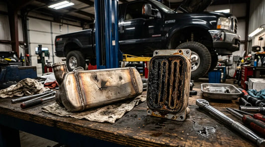 Cracked 6.0 Powerstroke EGR cooler and clogged oil cooler removed from engine, showing carbon buildup and internal corrosion that cause EGR system failure