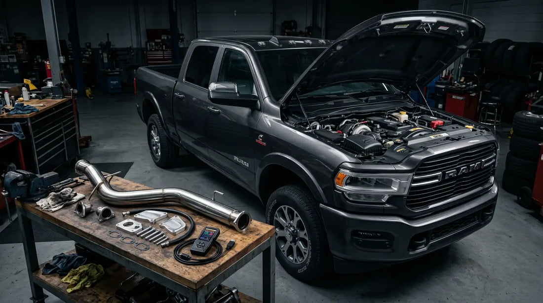 6.7 Cummins full delete kit components including DPF delete pipe, EGR block-off plates, and ECM tuner on a workshop bench