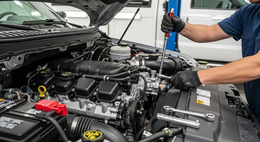 6.7 Powerstroke diesel engine with EGR cooler and intake manifold highlighted during installation.