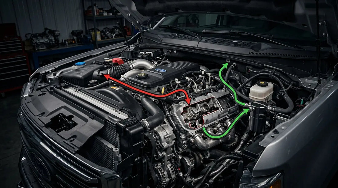 6.7 Powerstroke CCV reroute diagram showing factory crankcase ventilation path and catch can redirect option