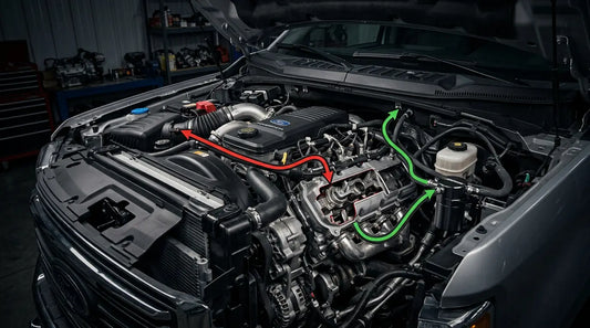 6.7 Powerstroke CCV reroute diagram showing factory crankcase ventilation path and catch can redirect option