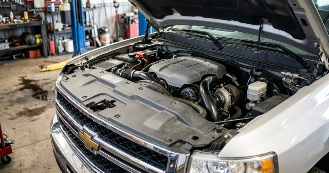 A 2012 Chevrolet Silverado 2500HD pickup with the hood up in a service bay, seen from the front corner with its grille in frame, showing its 6.6-litre Duramax LML V8 turbo diesel under its wide engine cover, with the large intercooler pipes in view
