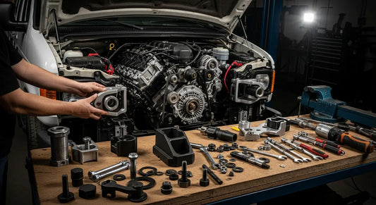 Custom 6BT Cummins engine mounted in Ford E350 van chassis with reinforced motor mounts visible