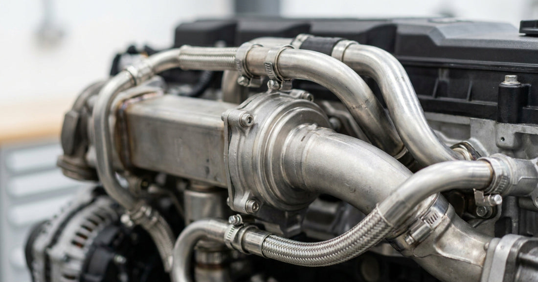 Close on the cooled exhaust gas recirculation valve and its plumbing on a 6.7-litre Cummins inline-six turbo diesel
