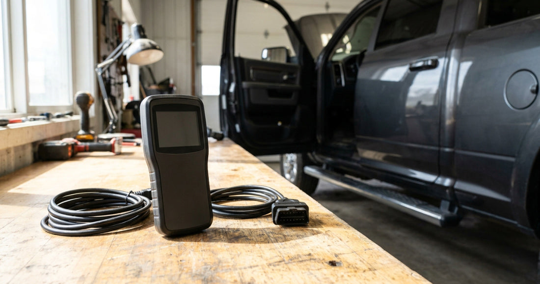 A handheld diesel tuning device on a workshop bench beside a Ram heavy-duty pickup's open door, OBD cable coiled next to it