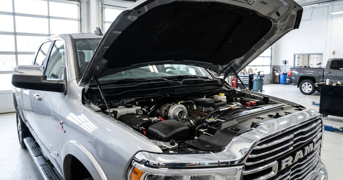 A 2019 Ram 2500 heavy-duty pickup with the hood up in a service bay, seen from the front corner with its grille in frame, showing its 6.7-litre Cummins inline-six turbo diesel with the turbocharger in view