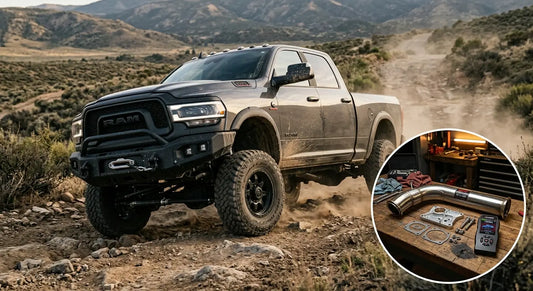 Diesel delete kit components — stainless DPF delete pipe, EGR block-off plates, and delete tuner — laid out beside a heavy-duty diesel pickup truck