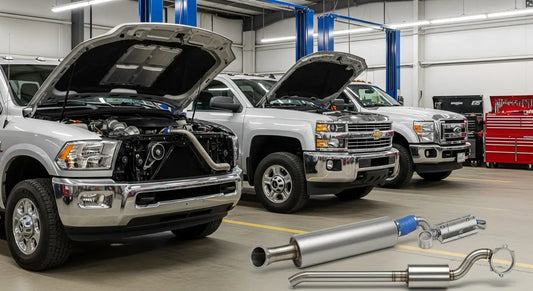 Side-by-side comparison of Ram 6.7L Cummins, Chevy Duramax L5P, and Ford 6.7L Powerstroke trucks with full delete kit components visible including EGR block-off plates and 5-inch stainless DPF delete pipe in a diesel performance shop