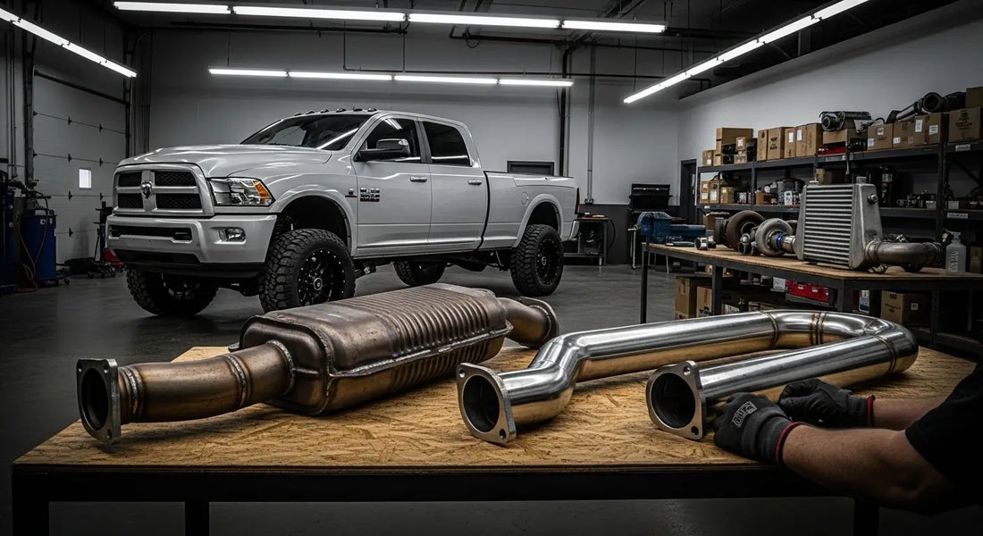 Side-by-side comparison of a factory 6.7 Cummins DPF/CAT assembly versus a 4-inch DPF delete pipe in a diesel performance shop — showing the size and weight difference that contributes to reduced backpressure and 150-250 HP gains