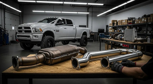 Side-by-side comparison of a factory 6.7 Cummins DPF/CAT assembly versus a 4-inch DPF delete pipe in a diesel performance shop — showing the size and weight difference that contributes to reduced backpressure and 150-250 HP gains