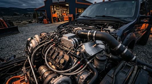 2008–2010 Ford 6.4L Powerstroke engine bay showing EGR cooler location and intake system for EGR delete reference