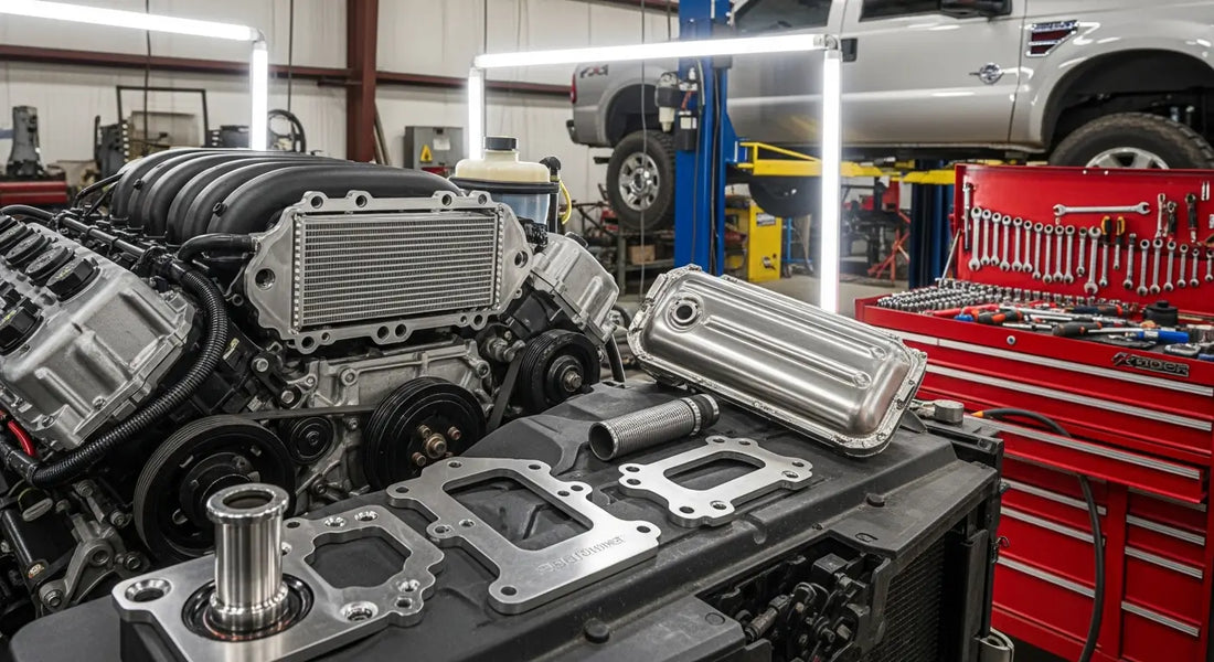 Stainless steel EGR delete block-off plate being installed on a 2005 Ford 6.0L Powerstroke engine during EGR cooler removal in a diesel performance shop