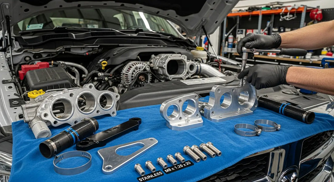 6.7L Cummins engine bay on a 2016 Ram 2500 with EGR cooler removed and aluminum block-off plates being installed during an EGR delete kit installation