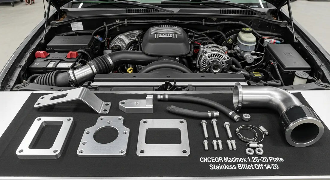 2004–2005 GM 6.6L LLY Duramax engine bay showing EGR valve, EGR cooler, and intake manifold with stainless steel EGR delete kit block-off plates and high-flow intake elbow displayed on workshop bench