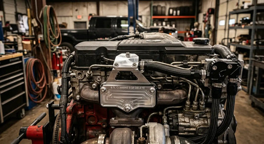 CNC-machined stainless steel EGR delete block-off plate installed on a 6.7L Cummins diesel engine with coolant reroute hardware visible
