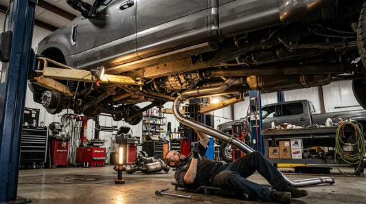 6.7 Powerstroke delete kit installation showing DPF delete pipe on Ford Super Duty in a diesel performance shop