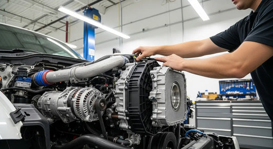 Mechanic removing EGR cooler from a 6.7L Cummins diesel engine during an off-road delete kit installation in a professional diesel repair shop