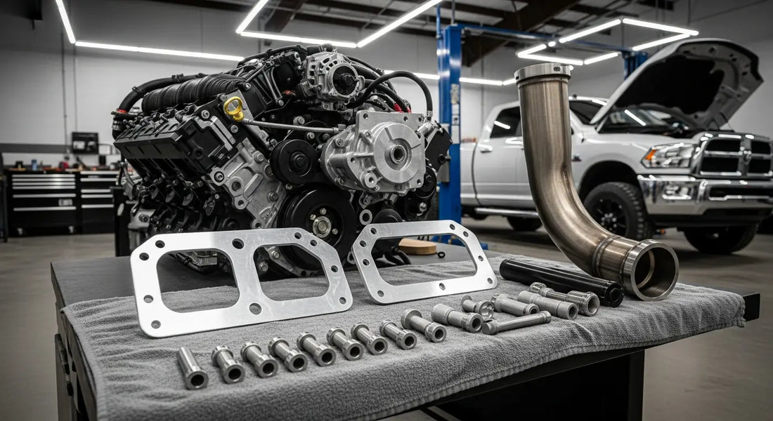 EGR delete block-off plates and DPF delete pipe components for a 6.7L Cummins full delete bundle, laid out in a professional diesel shop alongside a Ram 2500 HD with hood open