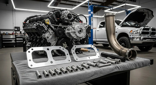 EGR delete block-off plates and DPF delete pipe components for a 6.7L Cummins full delete bundle, laid out in a professional diesel shop alongside a Ram 2500 HD with hood open