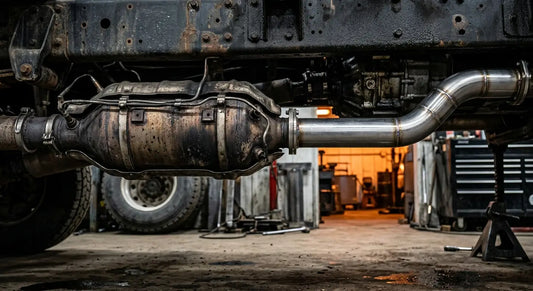 Stock DPF assembly compared to a 4-inch diesel delete pipe on a shop floor, illustrating the hardware difference behind diesel delete fuel economy gains