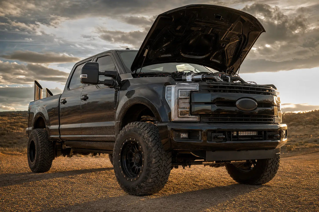 Ford 6.7L Powerstroke Super Duty with diesel delete kit installed on off-road trail