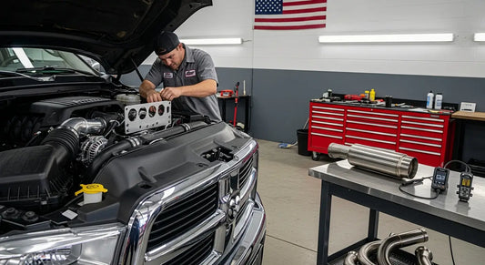 6.7L Cummins EGR delete kit installation on a 2018 Ram 2500 in a diesel performance shop, showing billet block-off plate, 5-inch DPF delete pipe, and OBD-II tuner device