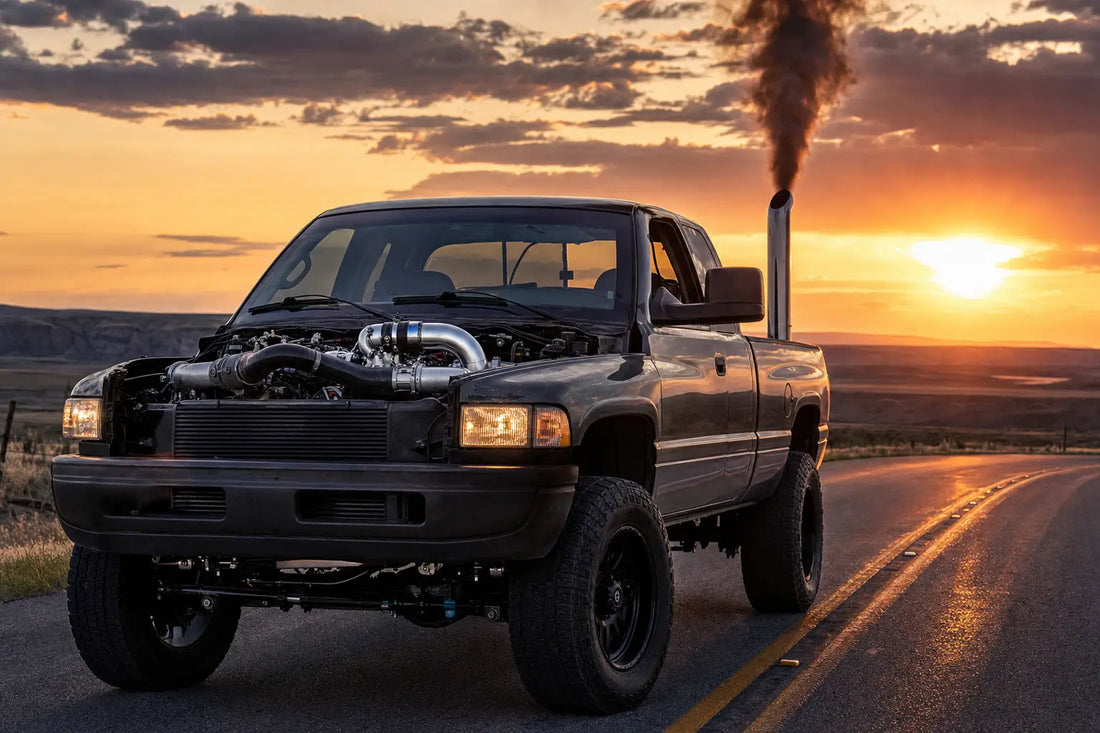 Diesel pickup truck on open highway representing diesel delete kits and performance modifications for Cummins, Powerstroke, and Duramax trucks