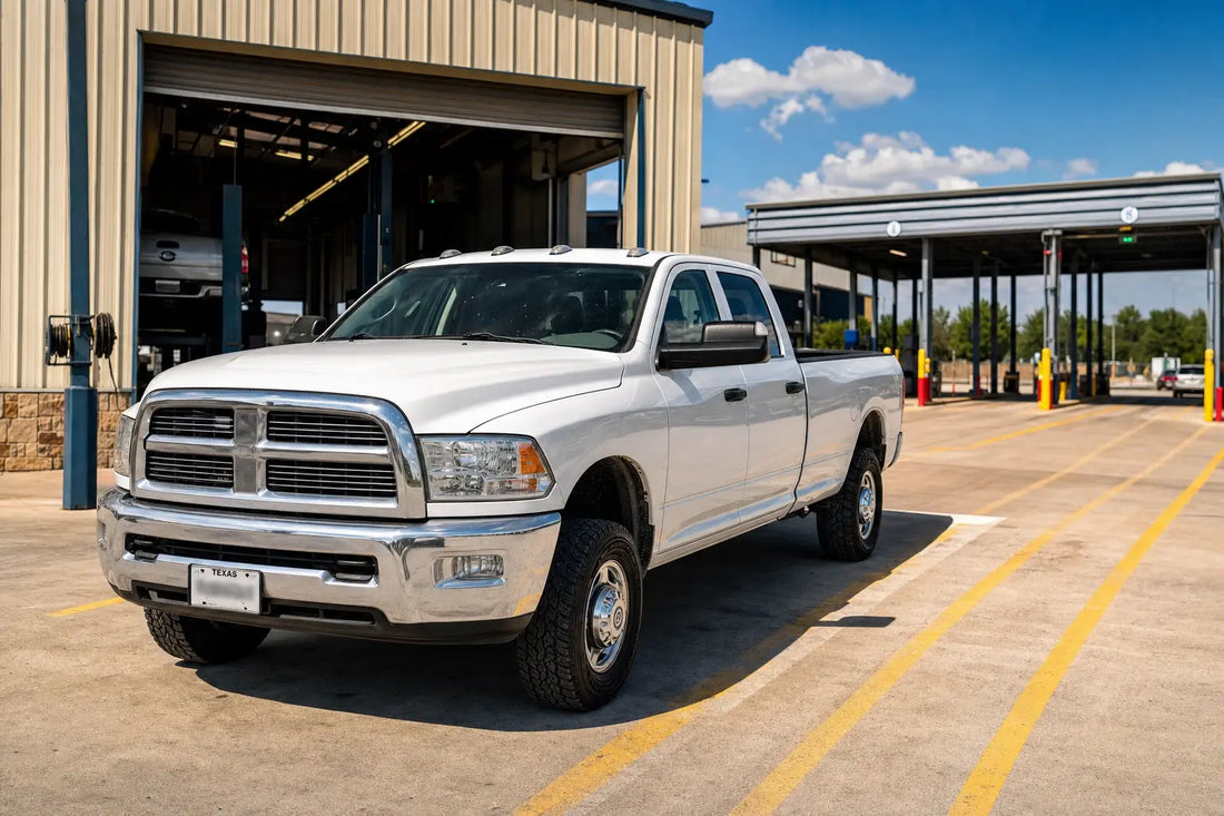 Texas diesel truck at an emissions inspection station in 2026