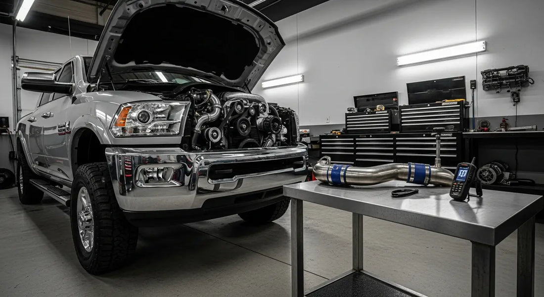 2019 Ram 2500 6.7L Cummins diesel truck in performance shop with EGR delete kit installed and DPF delete pipe on workbench alongside a handheld delete tuner — full delete bundle components for 2026 diesel performance build