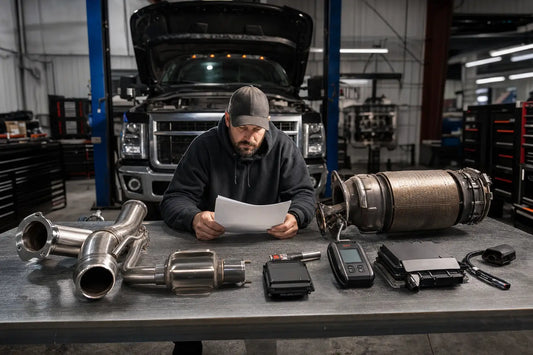 Diesel delete kit components and pricing paperwork on a professional mechanics workbench with EGR and DPF delete pipes