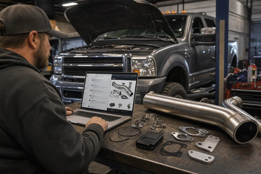 Diesel truck owner comparing Reddit reviews and Diesel Dudes delete kit components on a workbench