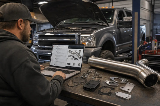 Diesel truck owner comparing Reddit reviews and Diesel Dudes delete kit components on a workbench