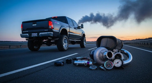 Diesel performance parts buyer's guide — lifted diesel truck with cold air intake, turbo, and exhaust upgrades