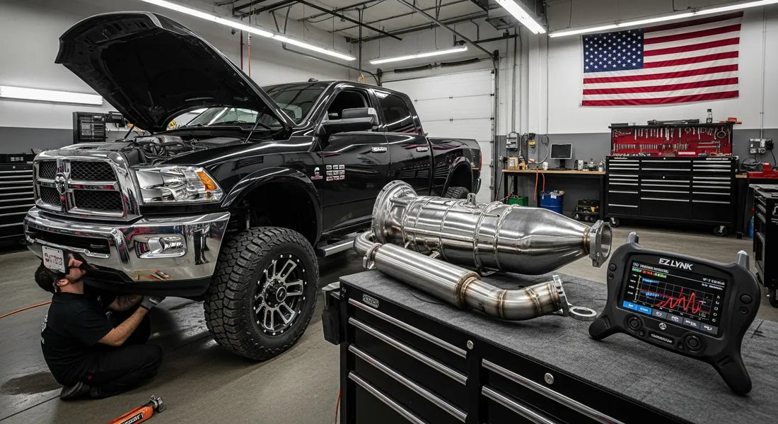 Modified diesel truck engine bay showing deleted emission control components and upgraded performance modifications.