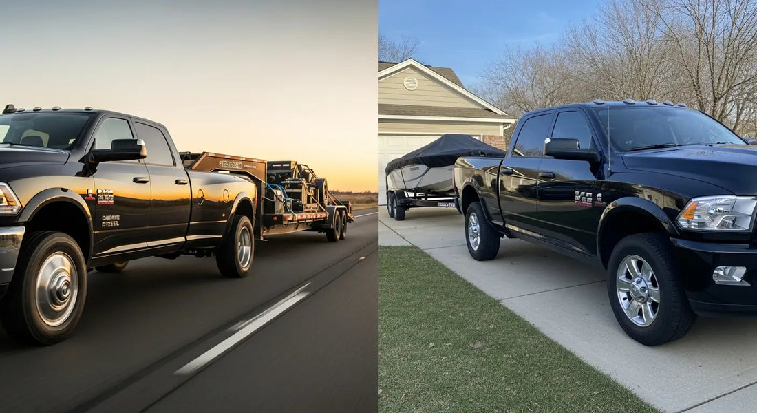 Modern diesel truck engine bay showcasing turbocharger and fuel injectors for towing comparison.