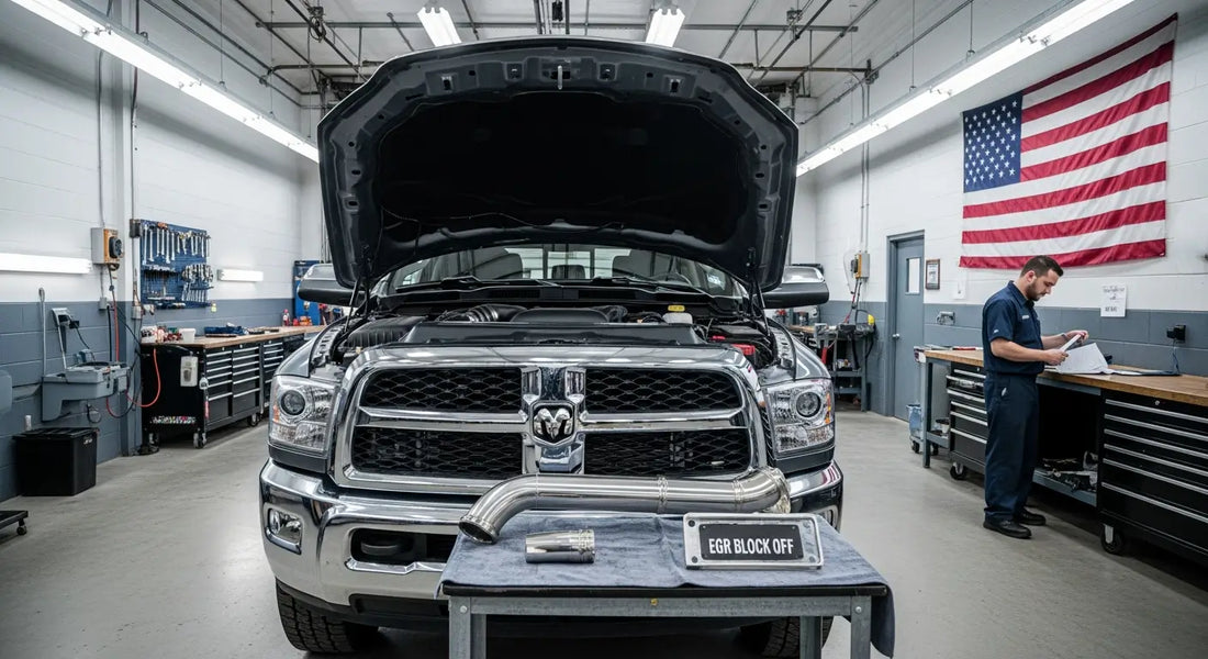 2018 Ram 2500 6.7L Cummins with EGR delete kit and DPF delete pipe staged for installation in a professional diesel performance shop, representing the 2026 DOJ diesel emissions enforcement policy shift
