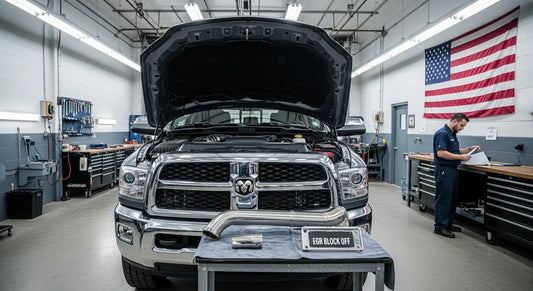 2018 Ram 2500 6.7L Cummins with EGR delete kit and DPF delete pipe staged for installation in a professional diesel performance shop, representing the 2026 DOJ diesel emissions enforcement policy shift