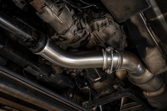 4-inch DPF delete pipe installed on a 6.7L Cummins Ram 2500 exhaust system